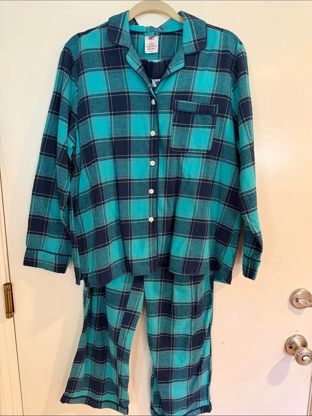 Lands end women’s teal and Navy Plaid Pajama Set - Cozy Button-Up Top & Pants